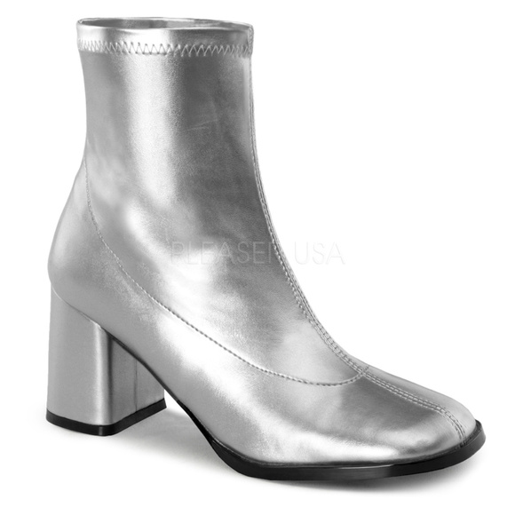 Shoes - Metallic Low High Heel Booties Ankle Boots Silver